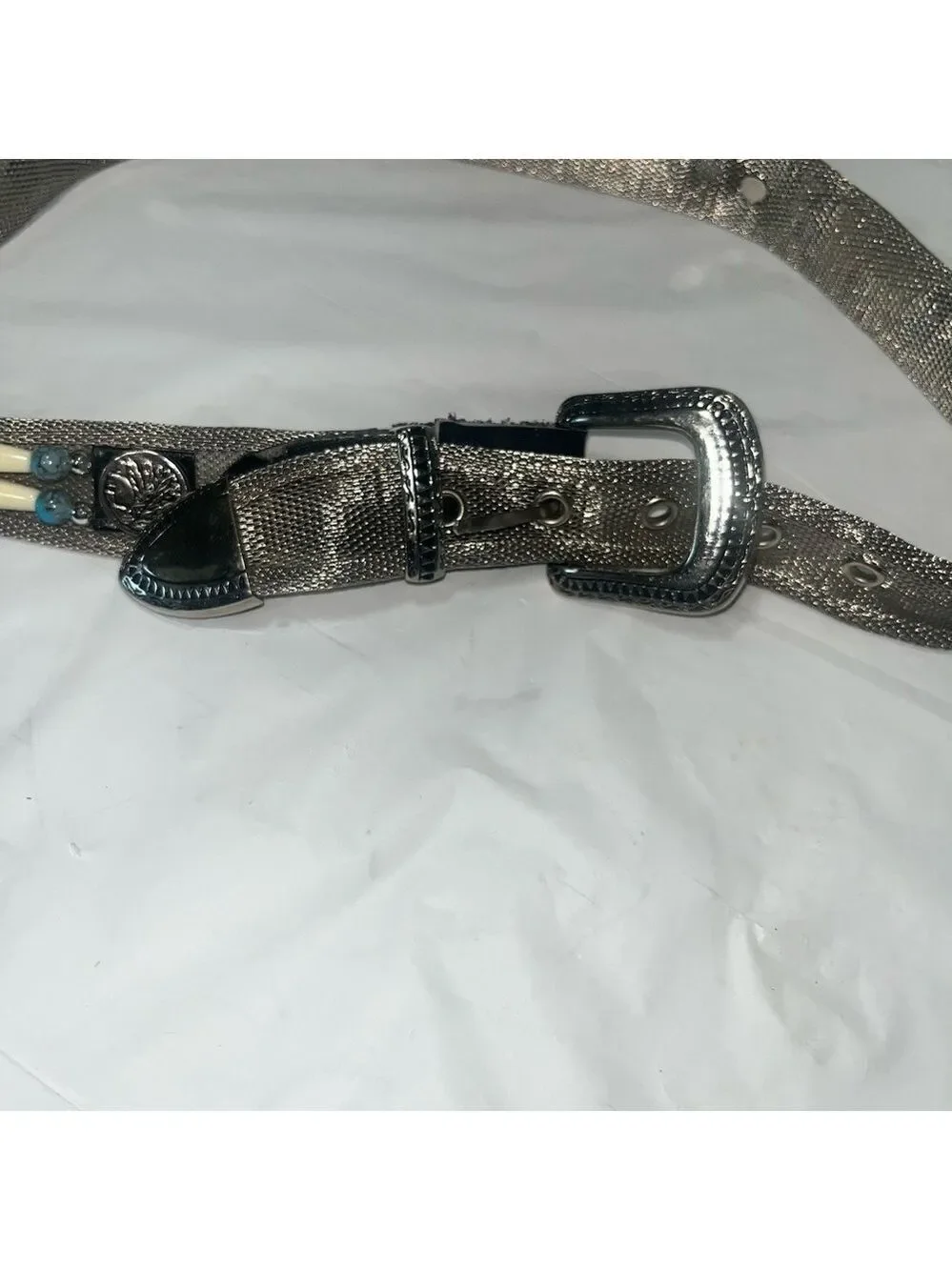 Vintage silver mesh belt embellished with beads motifs 80s native American style